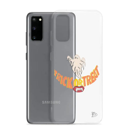 Samsung smartphone featuring a Trick or Treat smile on a vintage Halloween phone case