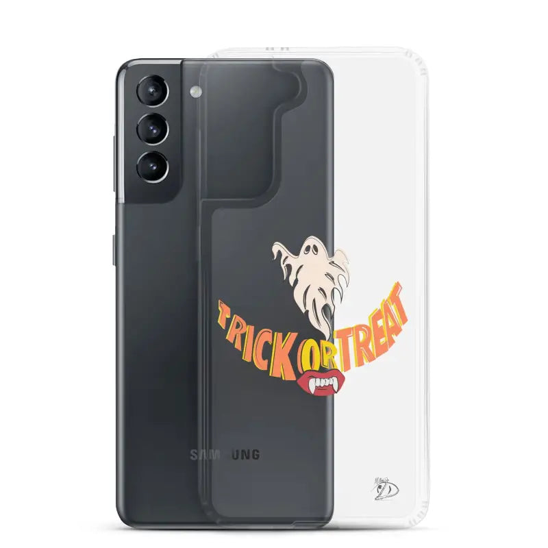 Samsung smartphone featuring a Trick or Treat smile ghost sticker on a vintage Halloween phone case