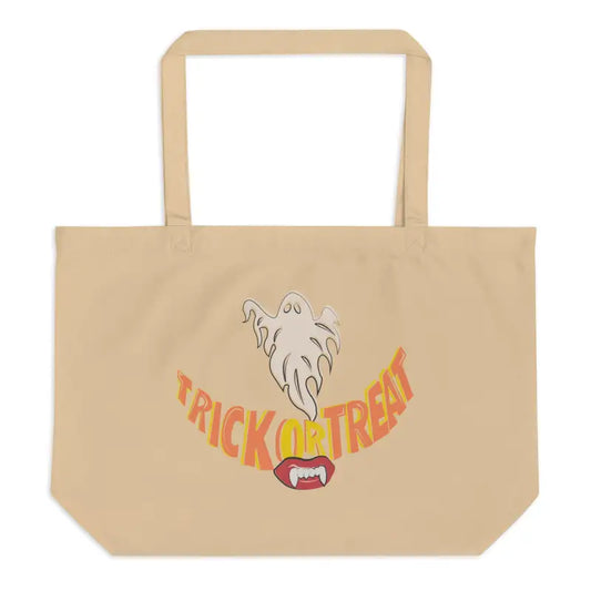 Beige Halloween reusable trick or treat bag, large organic cotton tote for festive fun