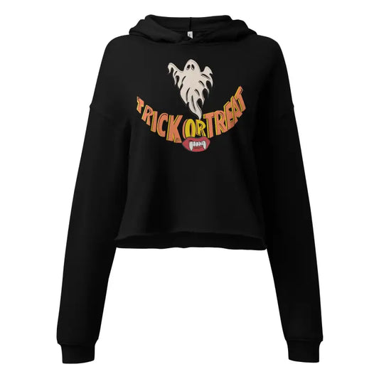 Black Halloween-themed cropped hoodie featuring playful vampire fangs for happy trick-or-treating