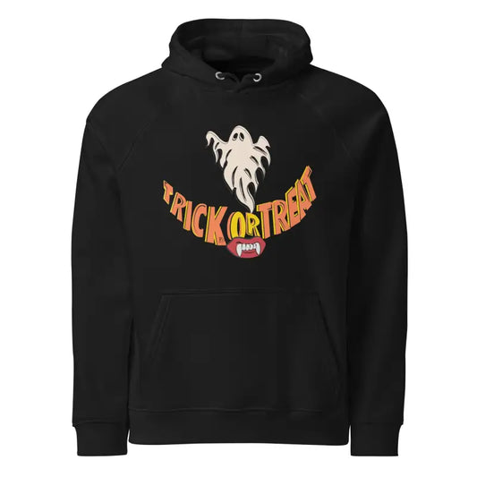 Black hoodie featuring Trick or Treat Halloween Smiles graphic for spooky season