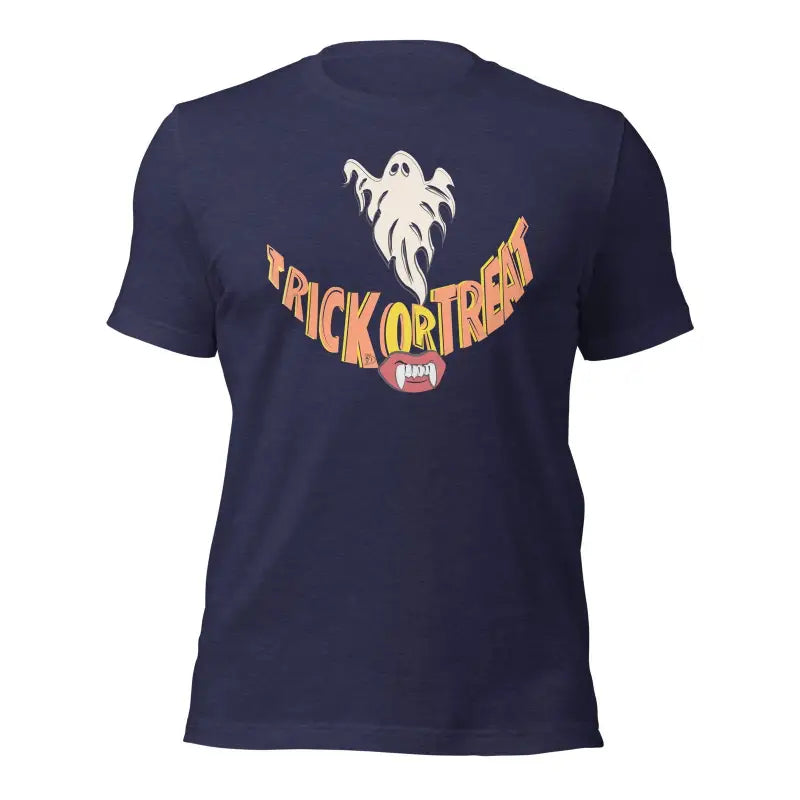 Navy blue Trick or Treat Smiles T-Shirt for spirited Halloween celebrations with ghost design