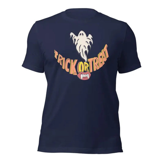 Navy blue T-shirt with ghost graphic and Trick or Treat design for spirited Halloween celebrations