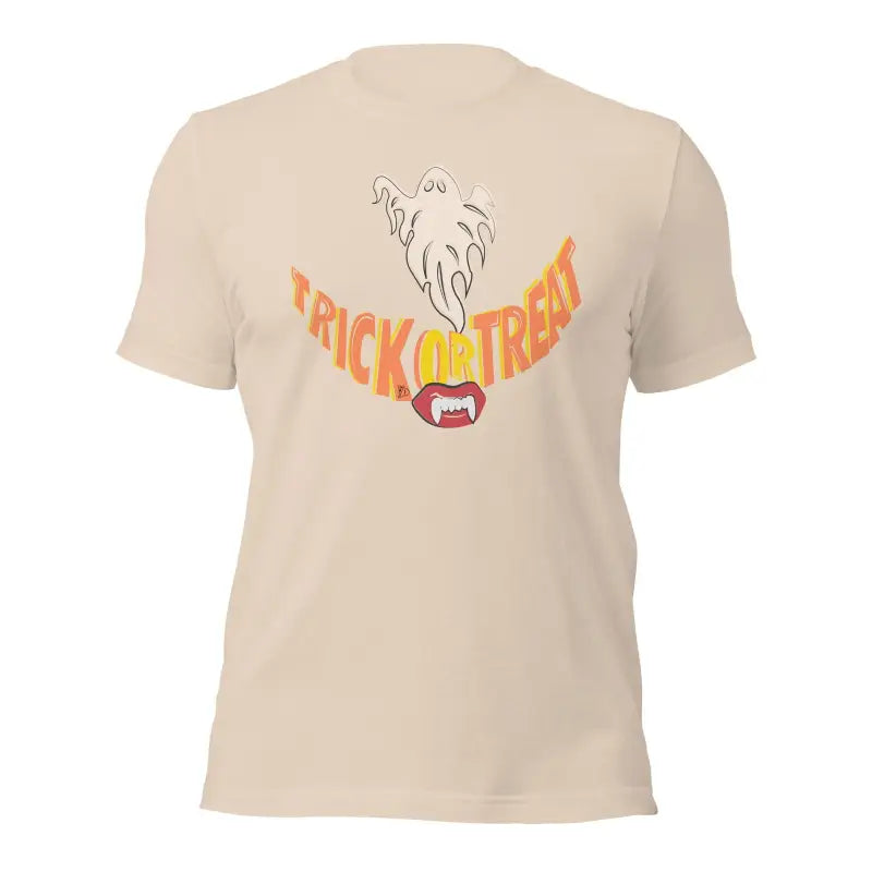 Beige Trick or Treat Smiles T-Shirt featuring ghost design for spirited Halloween celebrations