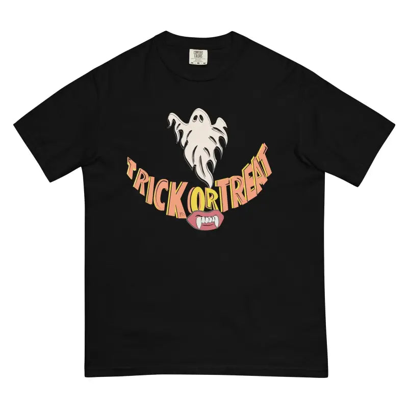 Black Whimsical Charm of the Treat Smiles Heavyweight T-Shirt with a ghost design for spooky season