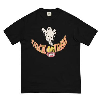 Black Whimsical Charm of the Treat Smiles Heavyweight T-Shirt with a ghost design for spooky season