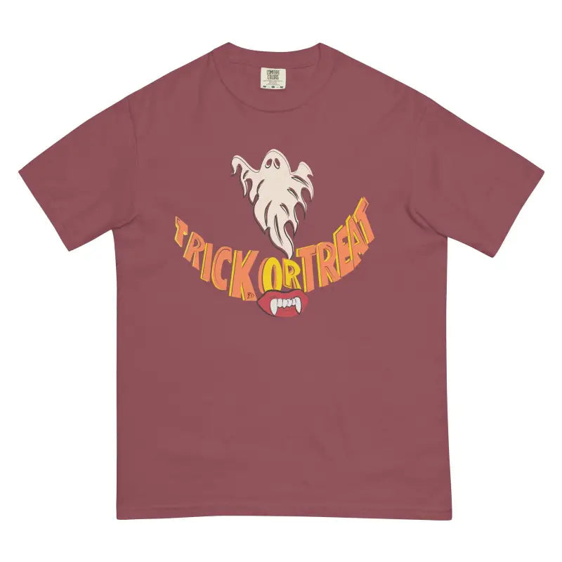 Burgundy Smiles Heavyweight T-Shirt featuring a ghost and Trick or Treat design for spooky season