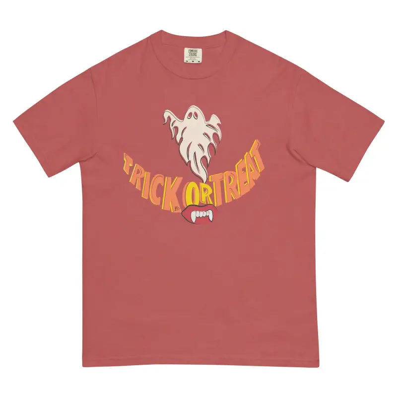 Red Smiles Heavyweight T-Shirt featuring a white ghost and Trick or Treat text for spooky season