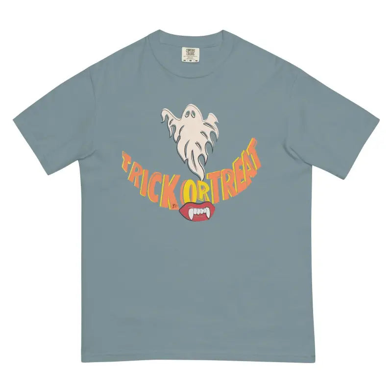 Blue-gray smiles heavyweight t-shirt with ghost graphic and Trick or Treat text for spooky season