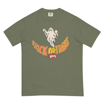 Olive green Smiles Heavyweight T-Shirt with ghost and Trick or Treat text for spooky season