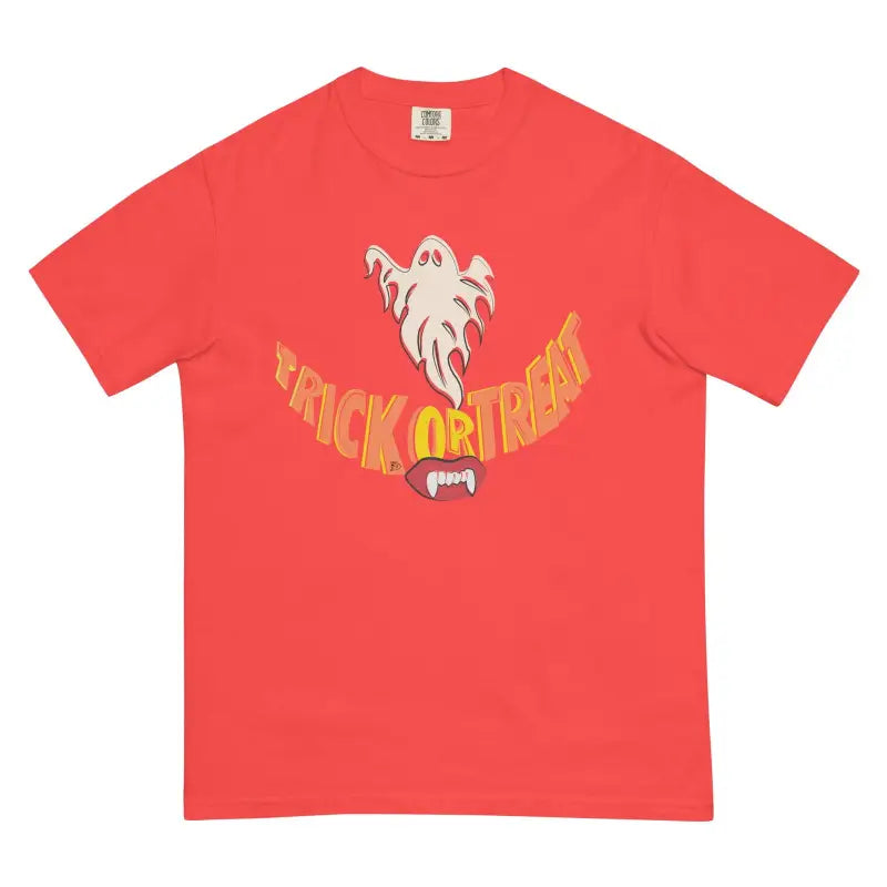 Red shirt featuring ghost design and Trick or Treat text for the Spooky Season, Smiles Heavyweight T-Shirt