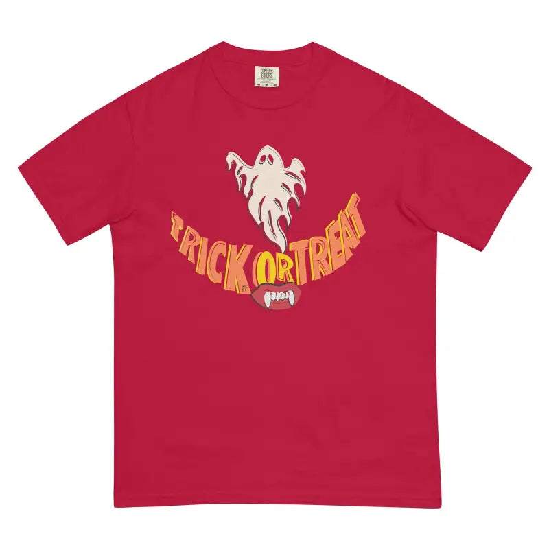 Red smiles heavyweight t-shirt featuring a white ghost and Trick or Treat text for spooky season