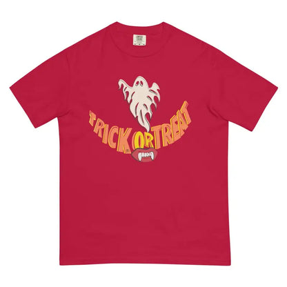 Red smiles heavyweight t-shirt featuring a white ghost and Trick or Treat text for spooky season