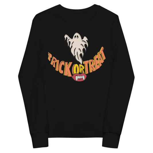 Black unisex long sleeve shirt featuring Halloween graphic for treat smiles youth