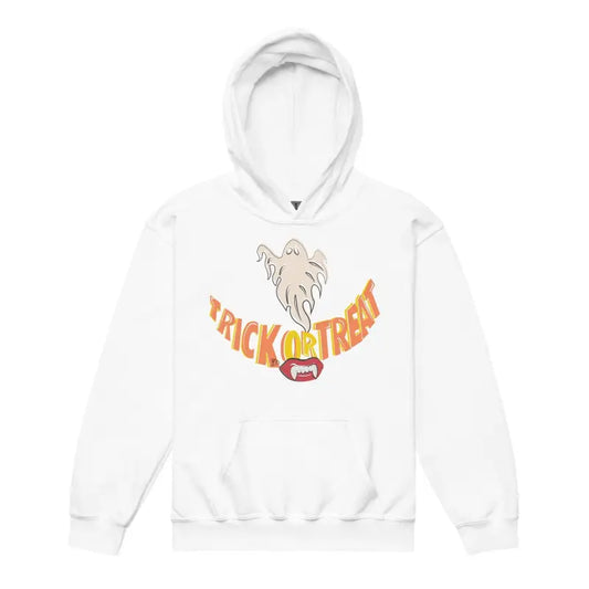 White hoodie featuring Trick or Treat text and ghost graphic for youth heavy blend wear