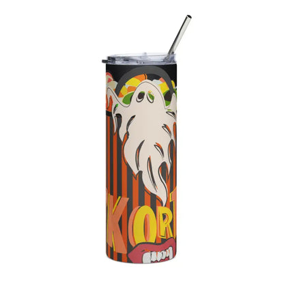 Halloween-themed stainless steel tumbler with straw featuring Matthew Dye art design