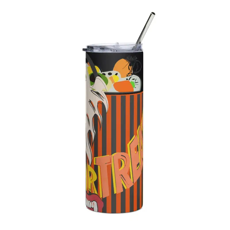 Tall orange and black striped stainless steel tumbler featuring Matthew Dye art for Halloween