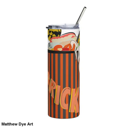 Halloween-themed stainless steel tumbler featuring Matthew Dye art with straw