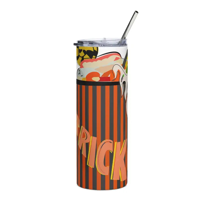 Tall cylindrical stainless steel tumbler with Halloween stripes and Matthew Dye art design