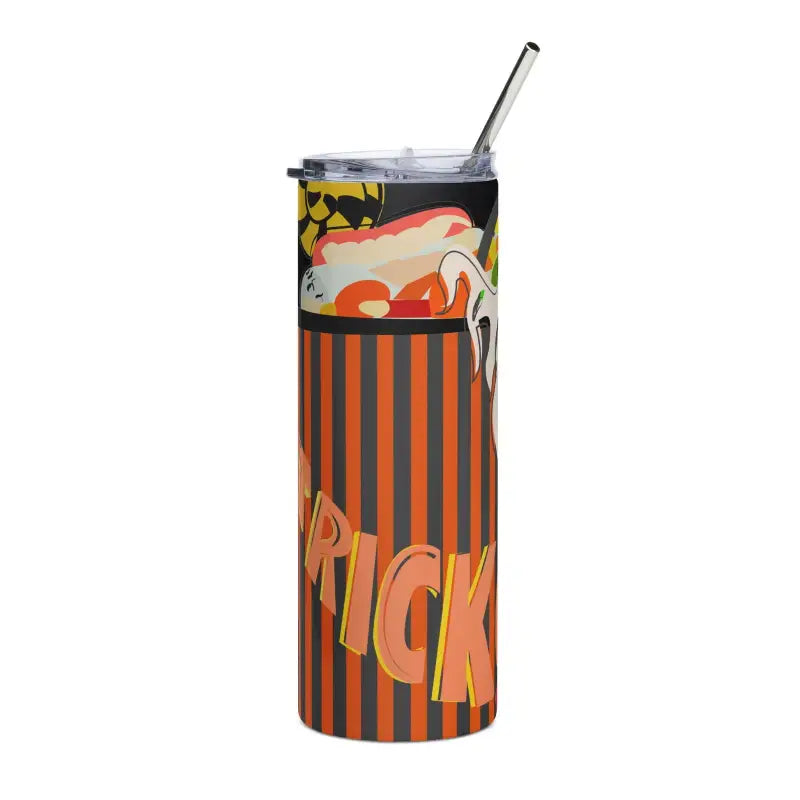 Halloween-themed stainless steel tumbler with orange and black stripes and spooky decorations