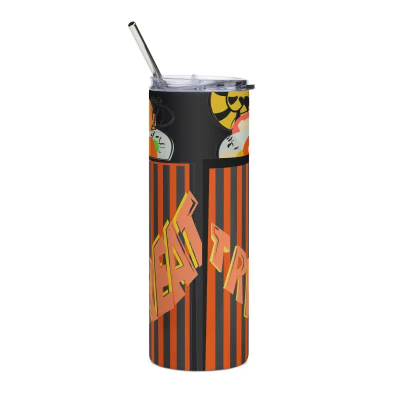 Black and orange striped stainless steel tumbler featuring Matthew Dye art for Halloween