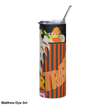 Halloween-themed stainless steel tumbler featuring Matthew Dye art and a straw