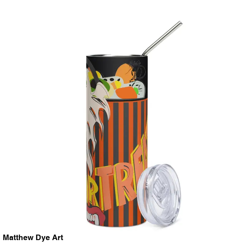 Halloween-themed stainless steel tumbler featuring Matthew Dye art, complete with straw and lid