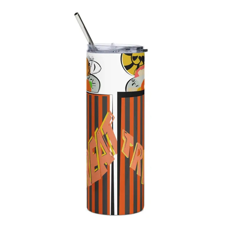 Tall stainless steel tumbler featuring orange and black stripes with Matthew Dye art