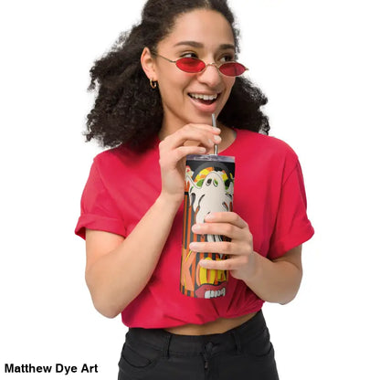 Halloween-themed stainless steel tumbler featuring Matthew Dye art for festive drinks