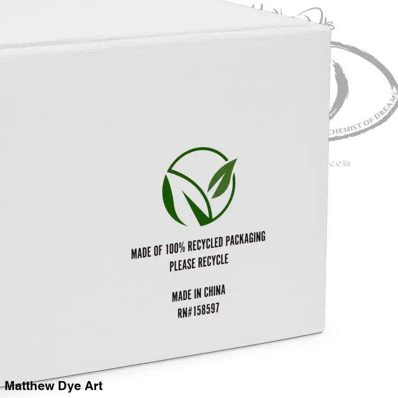 Green recycling symbol with leaf on white packaging for Trick r Treat women’s high top sneakers