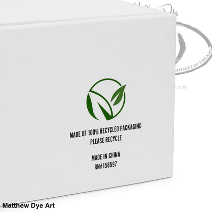 Green recycling symbol with leaf on white packaging for Trick r Treat women’s high top sneakers