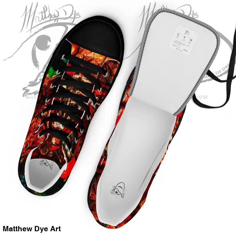 Low-top Trick r Treat women’s high top sneakers with black and red flame pattern design