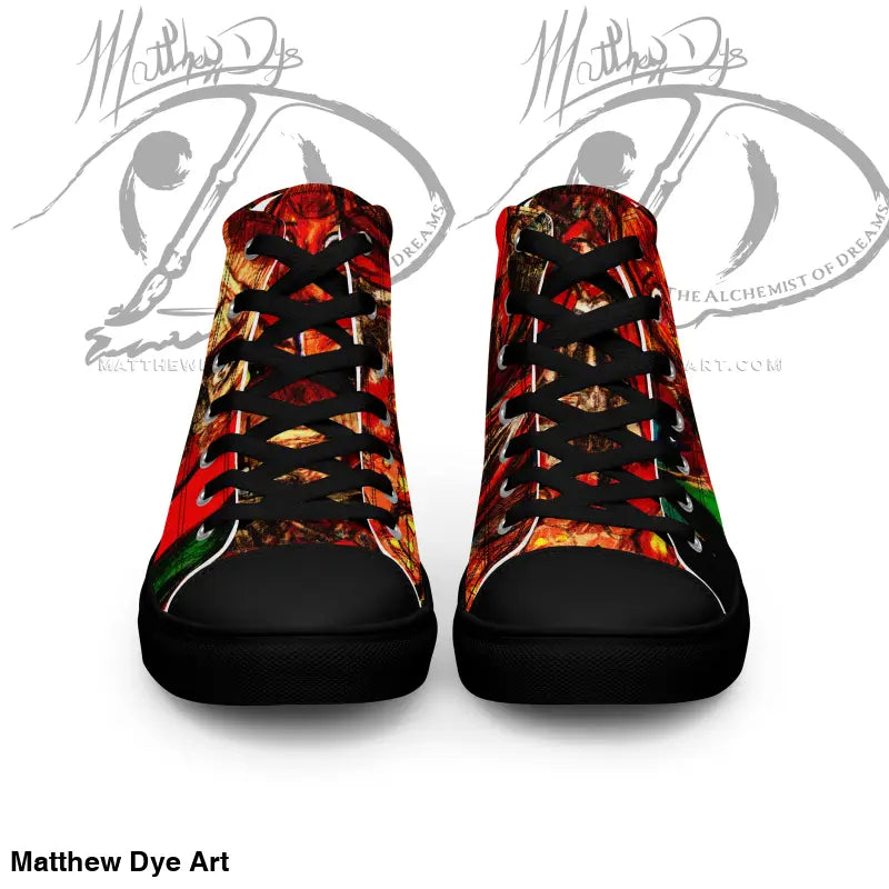 High-top sneakers featuring a red and black floral pattern for Trick r Treat theme