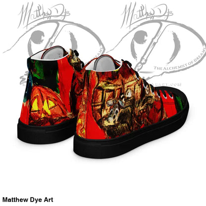 High-top sneakers with red and green abstract artwork for Trick r Treat style