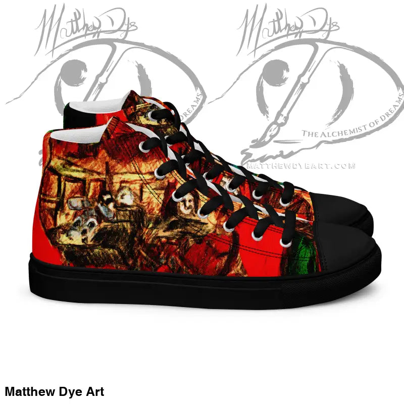 High-top sneakers featuring red and black design with medieval artwork for Trick R Treat