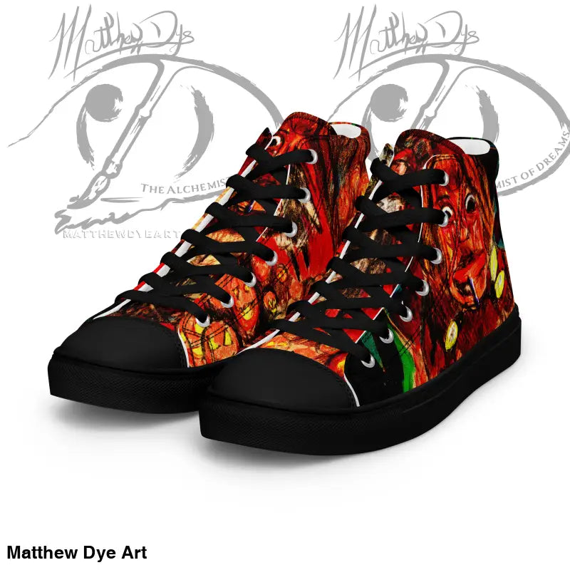 High-top sneakers featuring a fiery red and black flame design from Trick r Treat