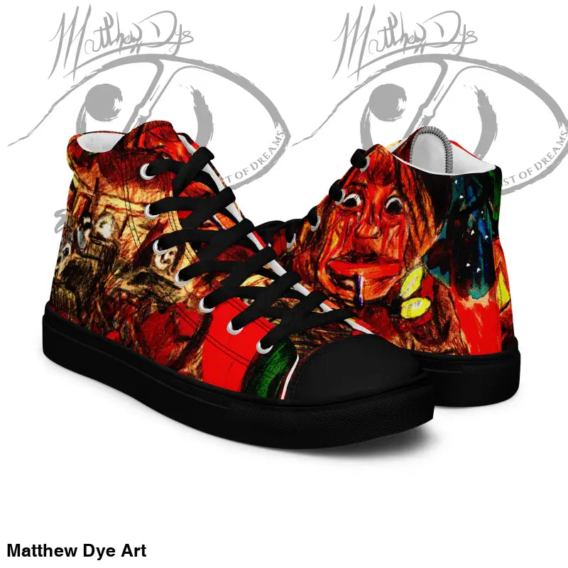 High-top sneakers featuring vibrant red horror art, perfect for Trick r Treat enthusiasts