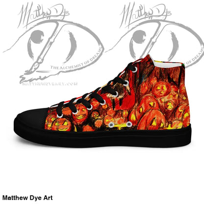 High-top sneakers with a Halloween pumpkin pattern in fiery orange and red colors