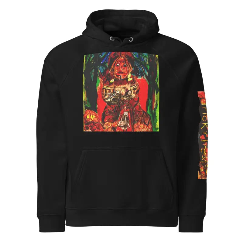 Black hoodie featuring Matthew Dye art with colorful Trick ’r Treat Halloween designs