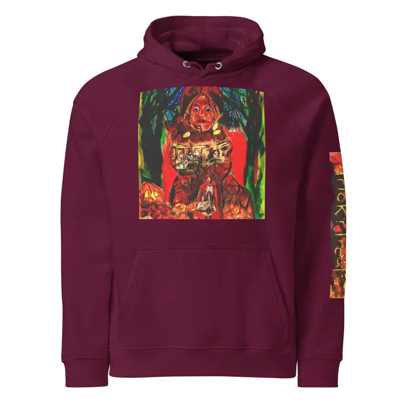 Maroon hoodie featuring Matthew Dye art from Trick ’r Treat Halloween designs