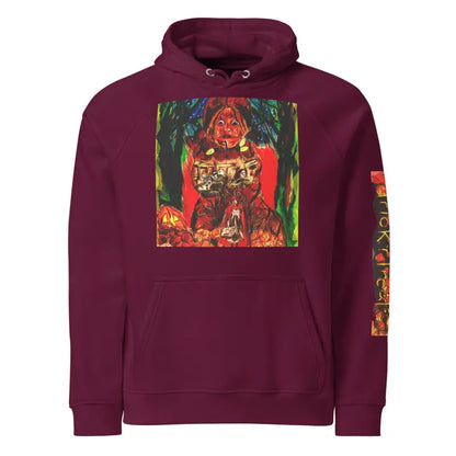 Maroon hoodie featuring Matthew Dye art from Trick ’r Treat Halloween designs