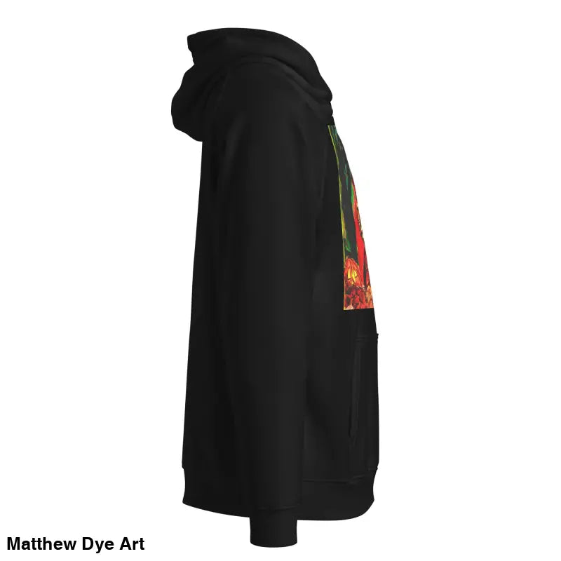 Black hooded sweatshirt featuring colorful Matthew Dye art Halloween designs from Trick r Treat