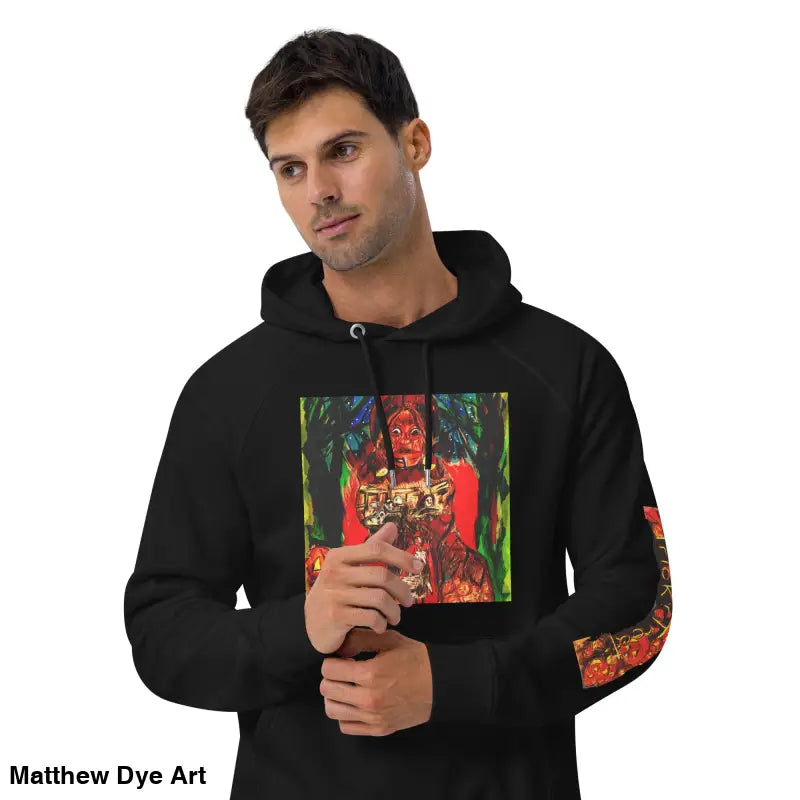 Black hoodie featuring Matthew Dye art with colorful Trick ’r Treat Halloween designs
