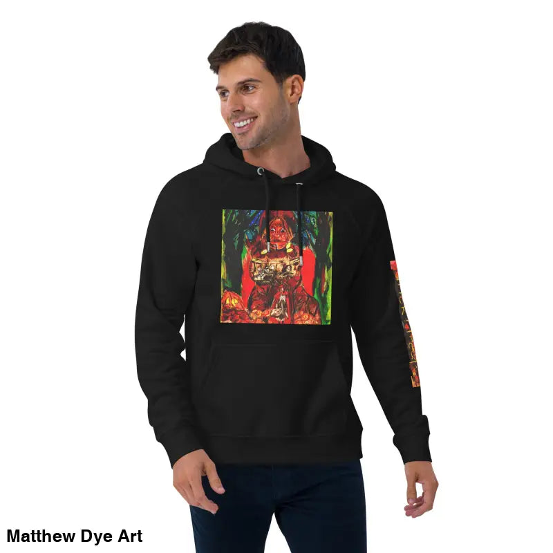 Black hoodie with colorful Matthew Dye art featuring Trick ’r Treat Halloween designs