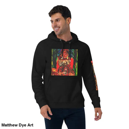 Black hoodie with colorful Matthew Dye art featuring Trick ’r Treat Halloween designs