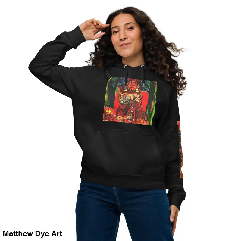 Black hoodie with colorful Trick ’r Treat graphic by Matthew Dye Art for Halloween designs
