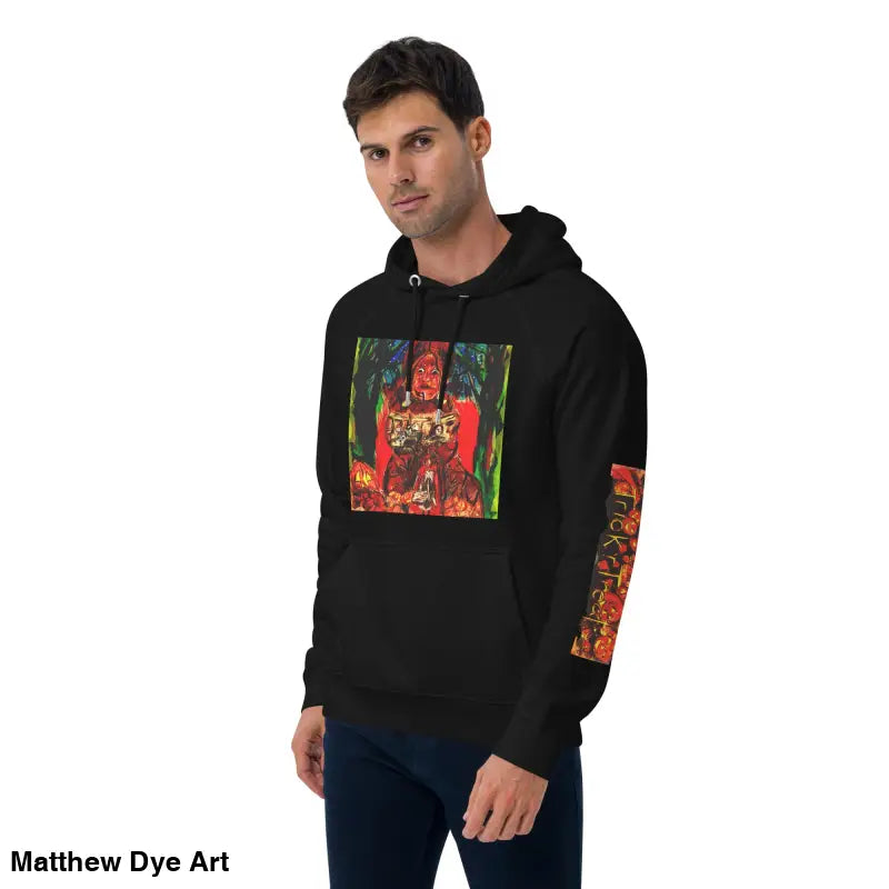 Black hoodie featuring colorful Trick ’r Treat graphic by Matthew Dye art for Halloween designs