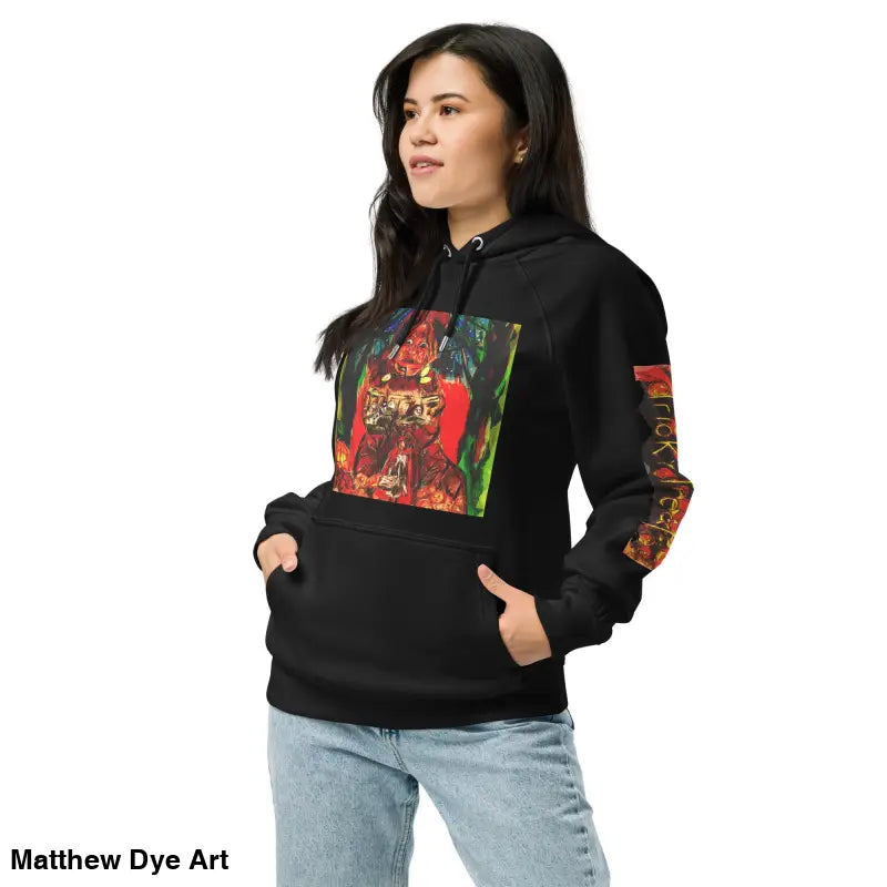 Black hoodie with colorful Matthew Dye art for Trick ’r Treat Halloween designs