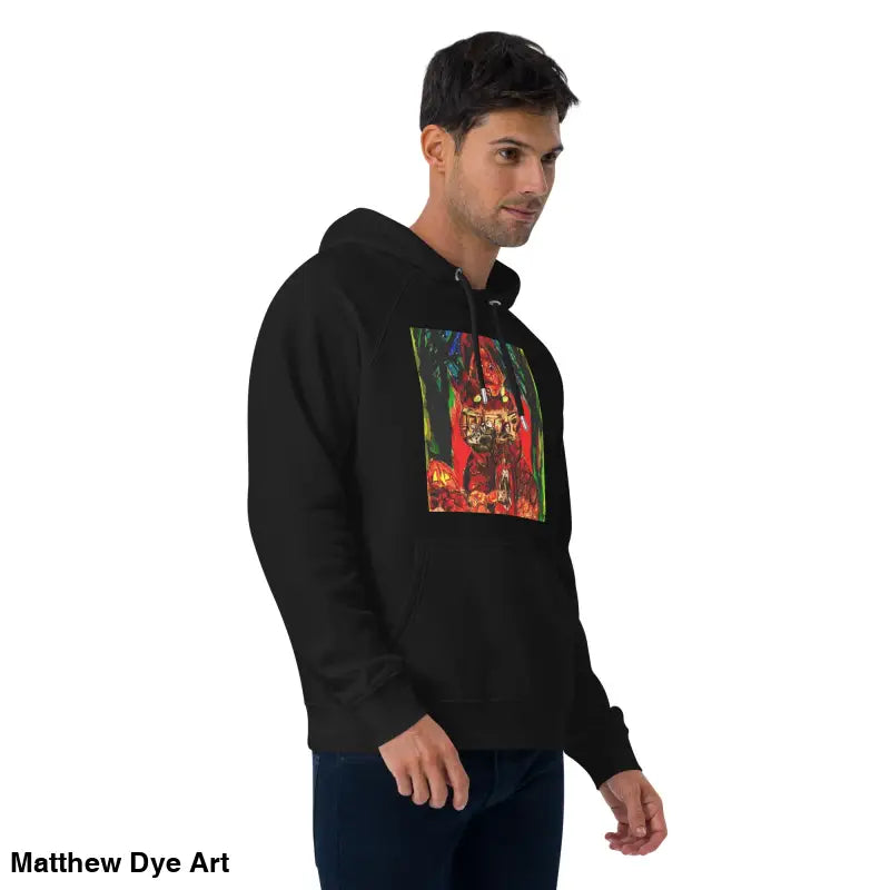 Black hoodie featuring colorful Matthew Dye art from Trick ’r Treat Halloween designs