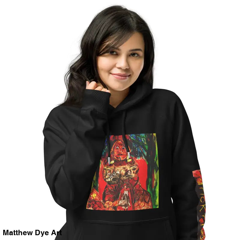 Black hoodie with colorful Trick ’r Treat graphic by Matthew Dye Art for Halloween designs